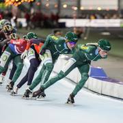 Marijke Groenewoud aan kop van het peloton in Gronigen